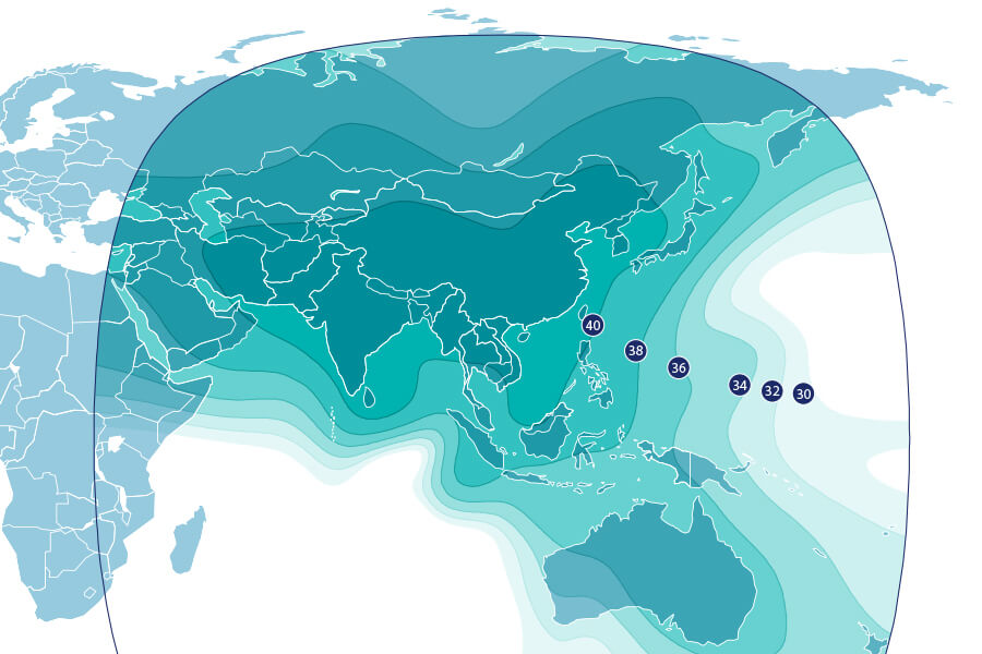 แผนที่พื้นที่ครอบคลุมของย่าน C-band เอเชีย ตะวันออกกลาง เอเชียกลาง และออสตราเลเซีย