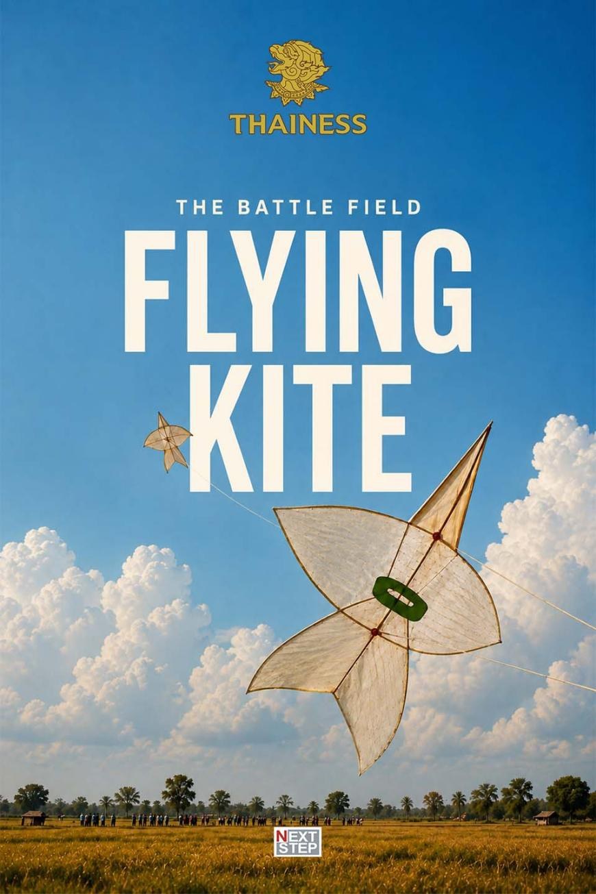 โปสเตอร์รายการ The Battle Field Flying Kite ว่าวรูปดาวสีขาวลอยบนท้องฟ้าสีฟ้า มีผู้คนยืนอยู่ไกลๆ บนทุ่ง