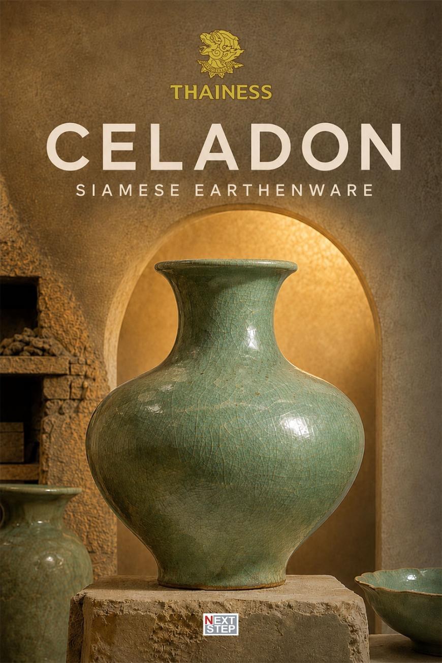 โปสเตอร์รายการ Celadon Siamese Earthenware แจกันเคลือบสีเขียวเซลาดอนตั้งอยู่หน้าช่องโค้งที่มีแสงส้มอบอุ่น