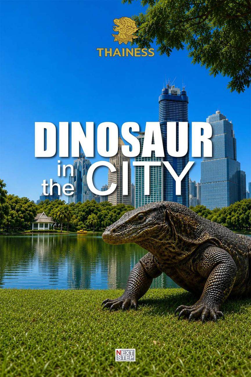 โปสเตอร์รายการ Dinosaur in the City ตัวเงินตัวทองเกาะอยู่บนสนามหญ้าริมสระ มีตึกสูงของเมืองอยู่ด้านหลัง