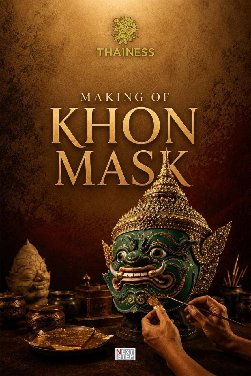 โปสเตอร์รายการ Making of Khon Mask มือช่างกำลังติดทองคำเปลวบนหัวโขนสีเขียว