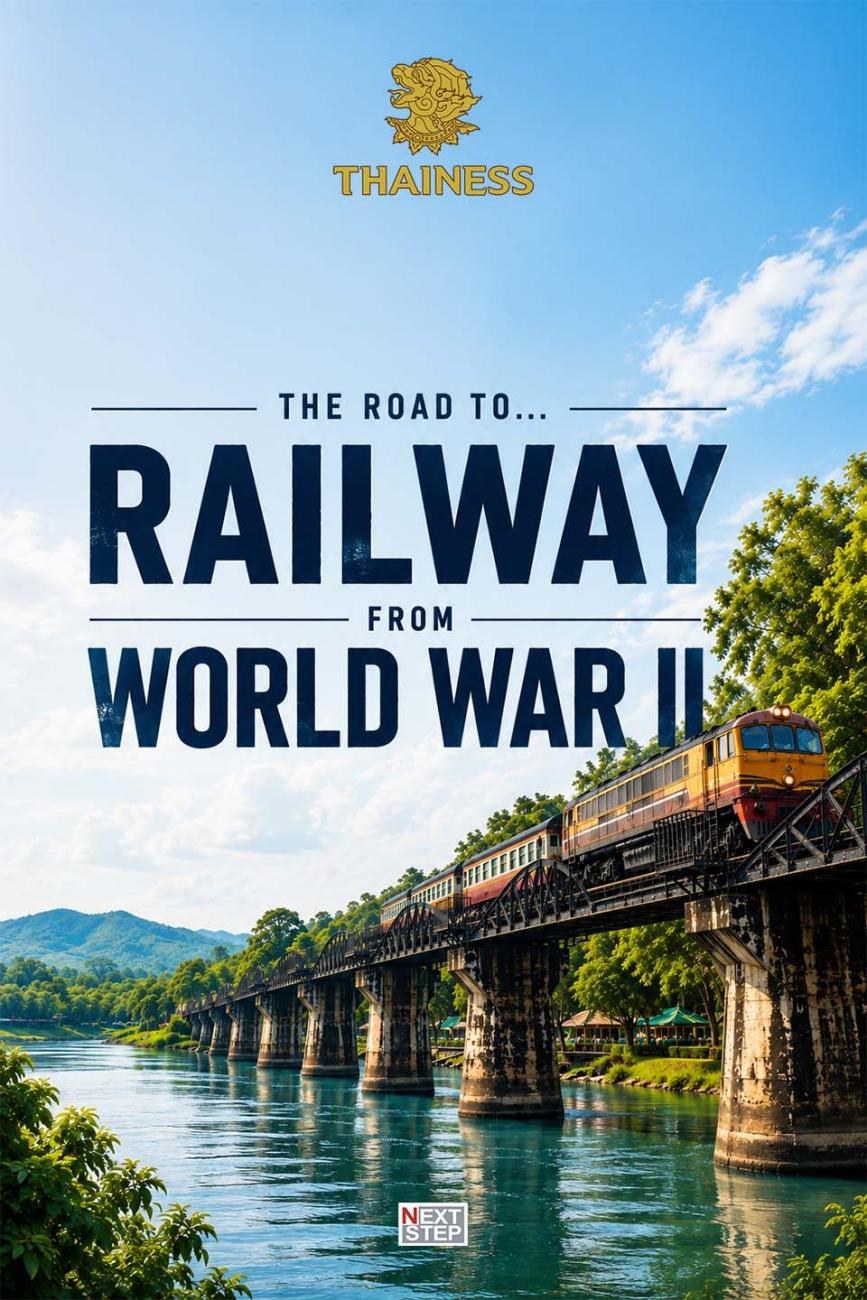 โปสเตอร์รายการ The Road to Railway from World War II รถไฟวิ่งบนสะพานเหล็กข้ามแม่น้ำสีเขียวมรกต