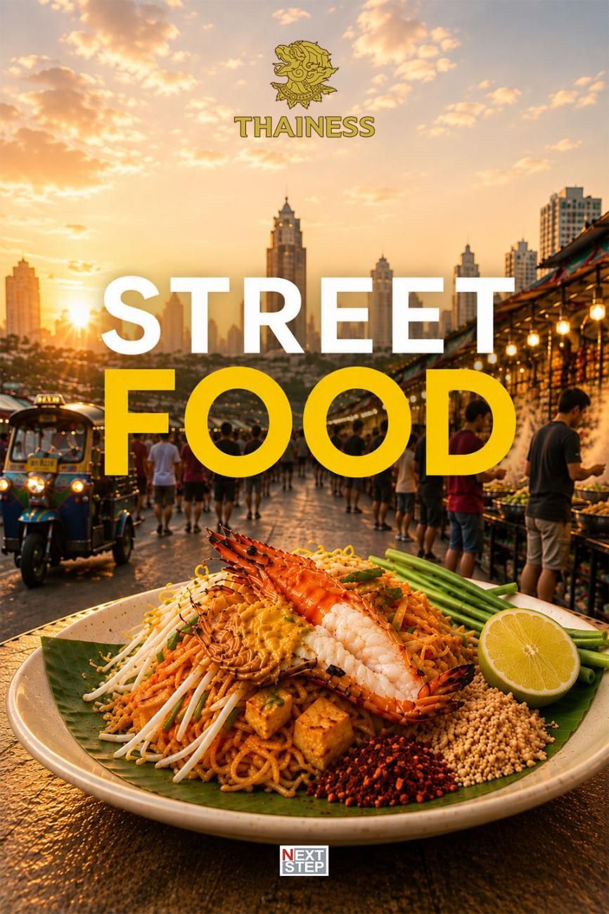 โปสเตอร์รายการ Street Food ผัดไทยกุ้งเผาในจานบนใบตอง มีตลาดริมถนนและรถตุ๊กตุ๊กอยู่ด้านหลัง