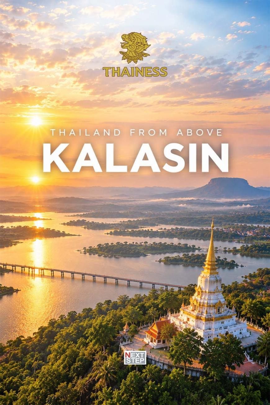 โปสเตอร์ Thailand from Above กาฬสินธุ์ ภาพมุมสูงของเจดีย์สีขาวทองบนเนินเหนือแม่น้ำและสะพานยามอาทิตย์ขึ้น