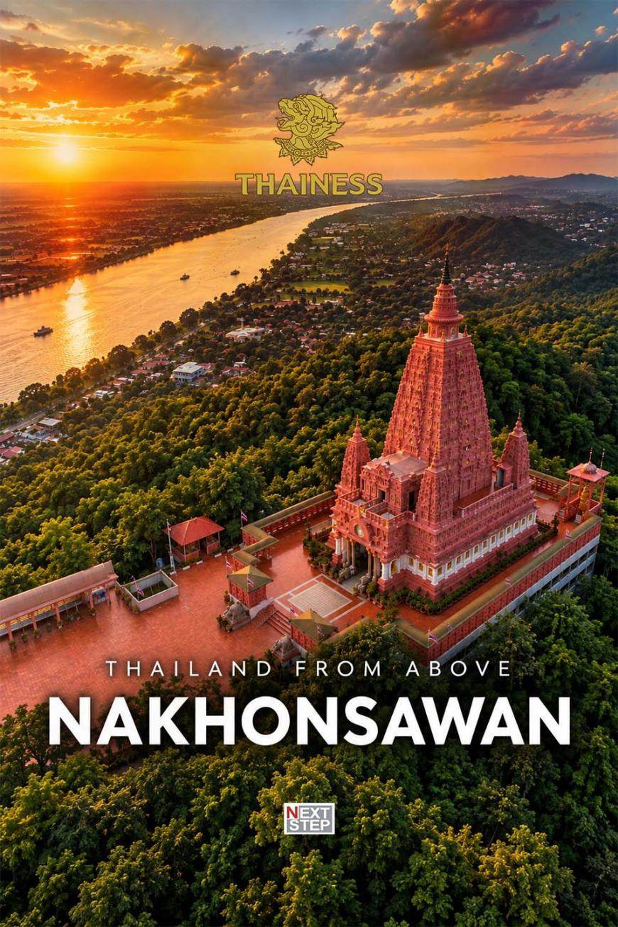 โปสเตอร์ Thailand from Above นครสวรรค์ ภาพมุมสูงของเจดีย์สีแดงบนเนินป่า ริมแม่น้ำยามพระอาทิตย์ตก