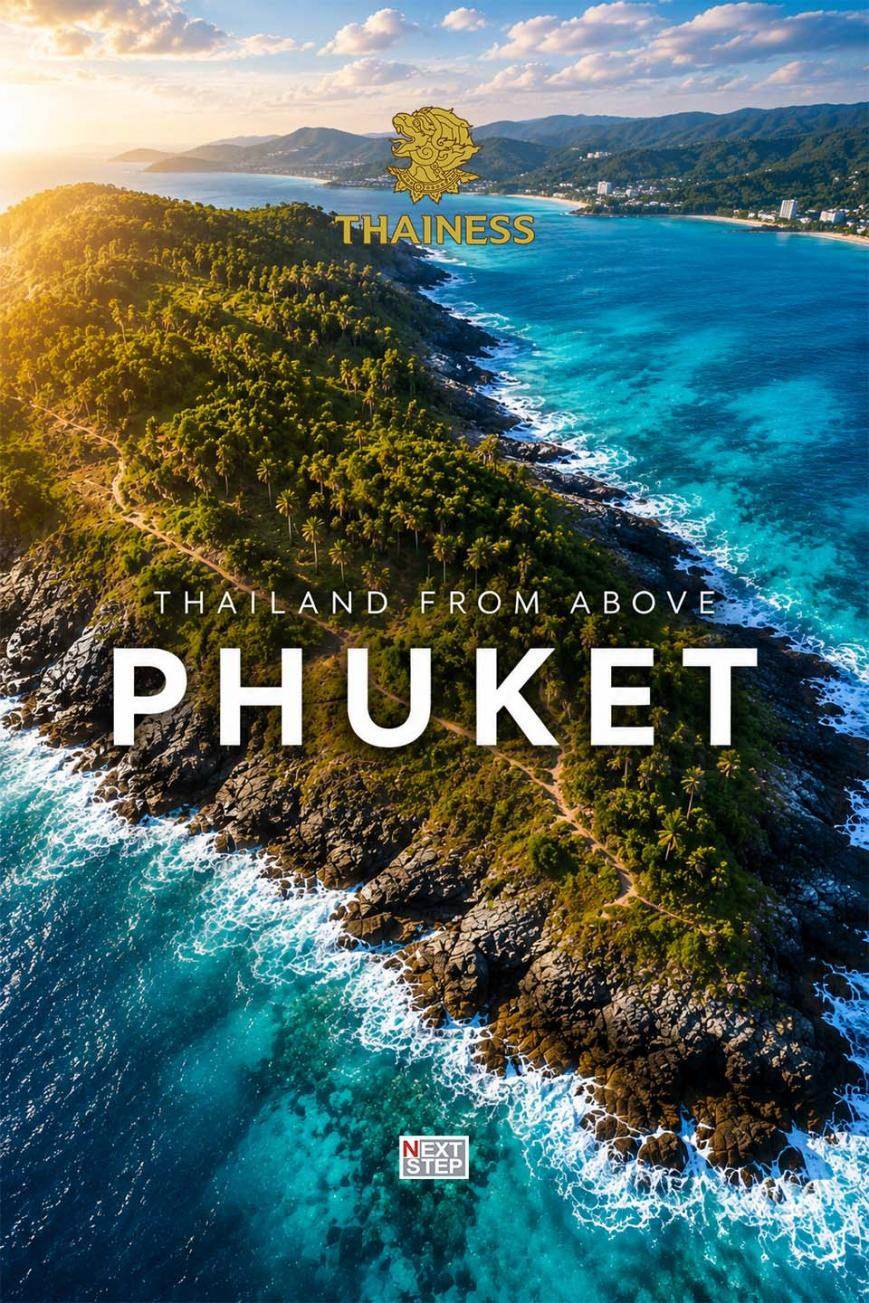 โปสเตอร์ Thailand from Above ภูเก็ต ภาพมุมสูงของแหลมที่เต็มไปด้วยป่าและโขดหิน มีทะเลสีฟ้าเขียวล้อมรอบ