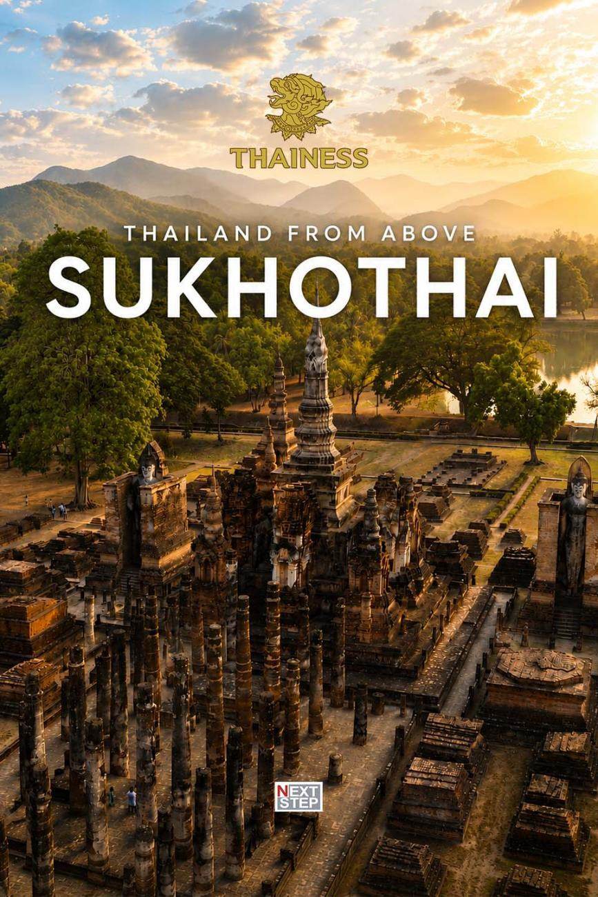 โปสเตอร์ Thailand from Above สุโขทัย ภาพมุมสูงของซากเสาและเจดีย์โบราณในแสงเย็น มีภูเขาอยู่ไกลๆ