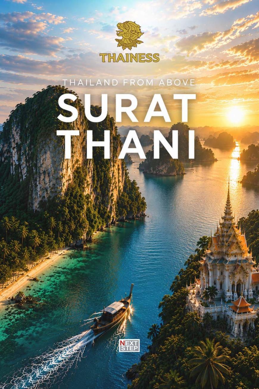โปสเตอร์ Thailand from Above สุราษฎร์ธานี ภาพมุมสูงของหน้าผาหินปูนและเกาะ มีเรือหางยาวและวัดทรงไทยสีขาวทอง
