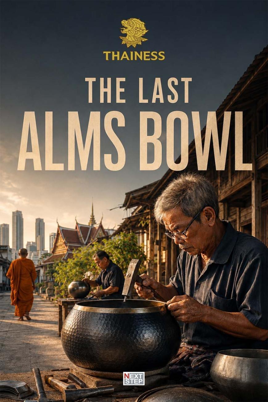 โปสเตอร์รายการ The Last Alms Bowl ช่างชายสูงวัยกำลังตีบาตรพระด้วยค้อน มีพระสงฆ์เดินอยู่ด้านหลัง